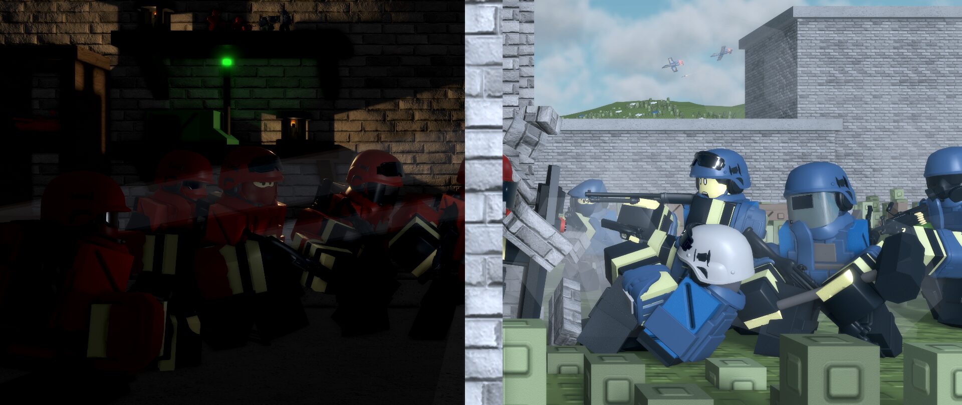 Dead in the Siege — split scene of red and blue Roblox infantry in combat